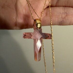 14kt solid gold pink faceted cut religious cross necklace Christian Catholic